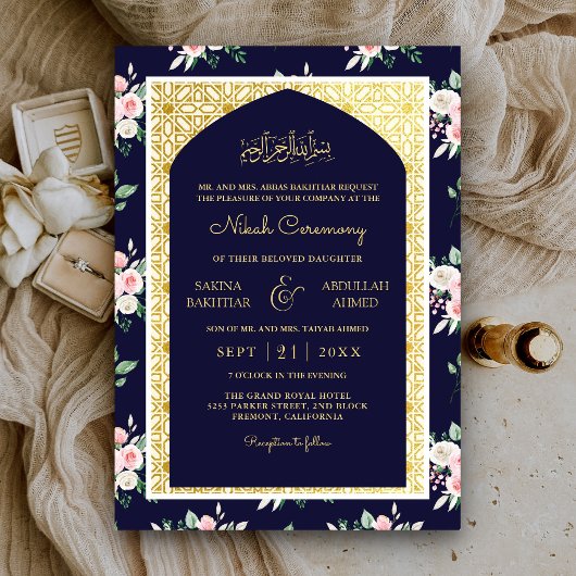 Midnight Blue Roze Bloemen Gouden Boog Moslim Brui Kaart