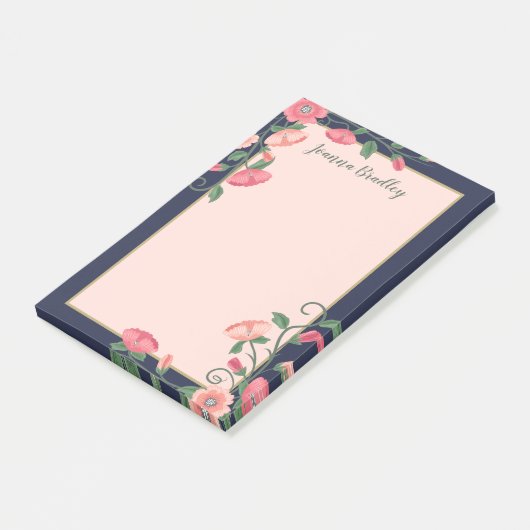Midnight Blue roze Floral vines Post-it® Notes (Schuin)