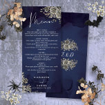 Midnight Blue Rozen Floral Gothic bruiloft diner Menu<br><div class="desc">Dit elegante zwart en gouden bloemengotische huwelijksmenu kan worden gepersonaliseerd met uw informatie in chique typografie met uw monogram initialen op de achterkant. Ontworpen door Thisnotme©</div>