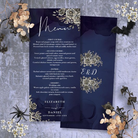Midnight Blue Rozen Floral Gothic bruiloft diner Menu