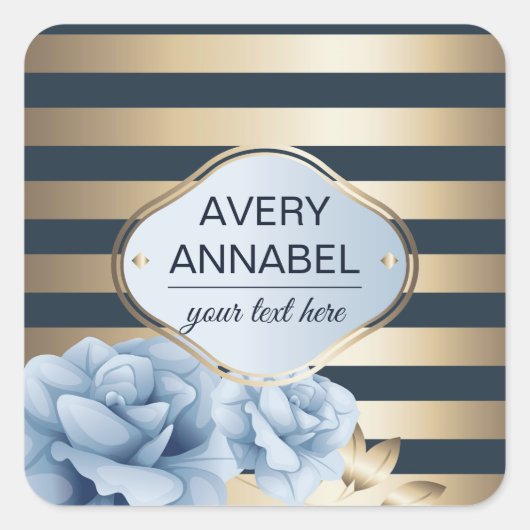 Midnight blue rozen gouden streep vierkante sticker (Voorkant)
