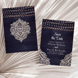 Midnight Blue Rustieke String Light Save the Date Kaart