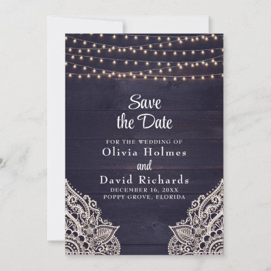 Midnight Blue Rustieke String Light Save the Date Kaart (Voorkant)