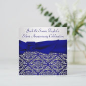 Midnight Blue Silver Damask 25ste Verjaardagsfeest Kaart (Staand voorkant)
