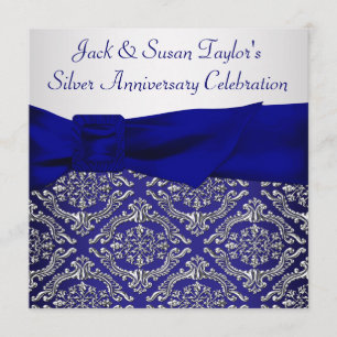 Midnight Blue Silver Damask 25ste Verjaardagsfeest Kaart