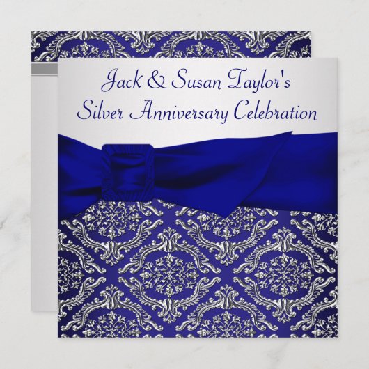 Midnight Blue Silver Damask 25th Jubileum Party Kaart (Voorkant / Achterkant)