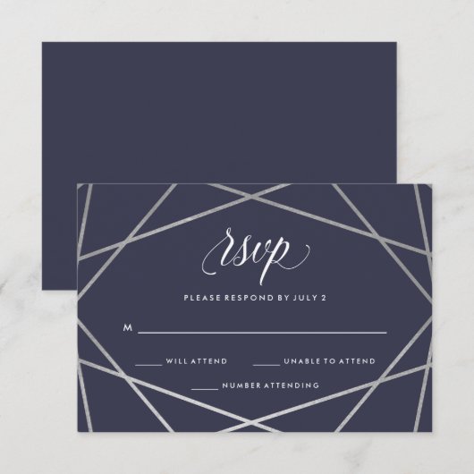 Midnight Blue Silver Geometric | BBT Mitzvah RSVP (Voorkant / Achterkant)