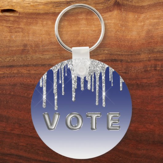 Midnight Blue Silver Glitter Drip Graphic Vote Sleutelhanger (Voorkant)
