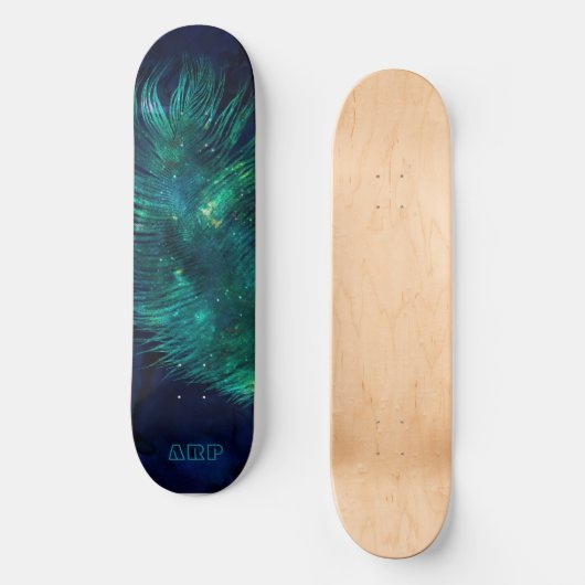 *~* Midnight Blue Sky Cosmic Emerald Feather Boho Persoonlijk Skateboard (Voorkant)