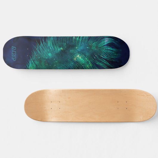 *~* Midnight Blue Sky Cosmic Emerald Feather Boho Persoonlijk Skateboard (Horizontaal)