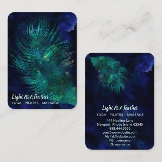 *~* Midnight Blue Sky Cosmic Emerald Feather Boho Visitekaartje (Voorkant / Achterkant)