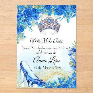 Midnight Blue Slipper en Crown Quinceañera Uitnodi Acryl Uitnodigingen