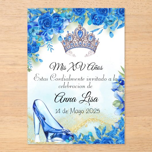 Midnight Blue Slipper en Crown Quinceañera Uitnodi Acryl Uitnodigingen (Voorkant)