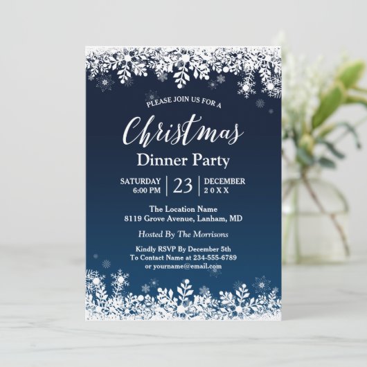 Midnight Blue Snowflakes White Kerstparty Kaart (Staand voorkant)
