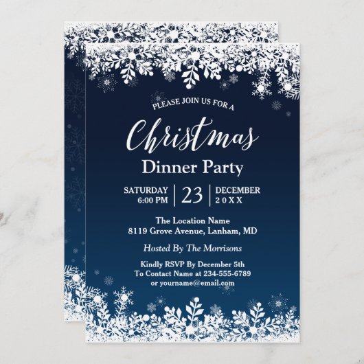 Midnight Blue Snowflakes White Kerstparty Kaart (Voorkant / Achterkant)