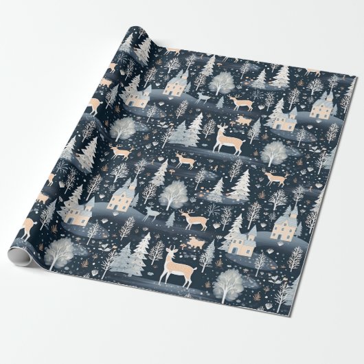 Midnight Blue Snowy Village Cadeaupapier (Uitgerold)