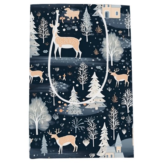 Midnight Blue Snowy Village  Medium Cadeauzakje (Voorkant)