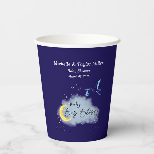 Midnight Blue Starlit Baby Boy Bliss: Stork Papieren Bekers (Achterkant)