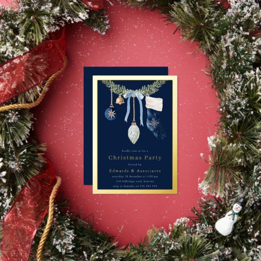 Midnight Blue Stocking Christmas Party Gold Folie Uitnodiging (Insitu)