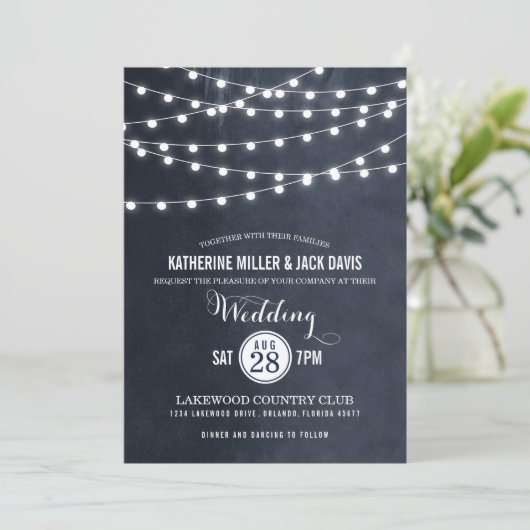 Midnight Blue String Lights bruiloft uitnodiging (Staand voorkant)