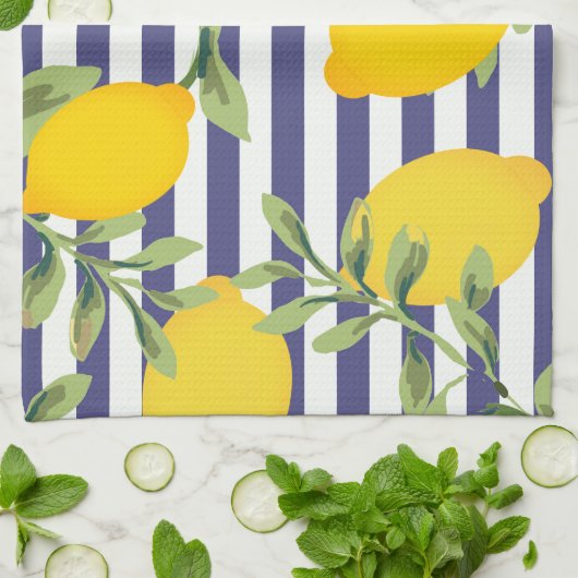 Midnight Blue Striped en Lemon Kitchen Towel Theedoek (Gevouwen)