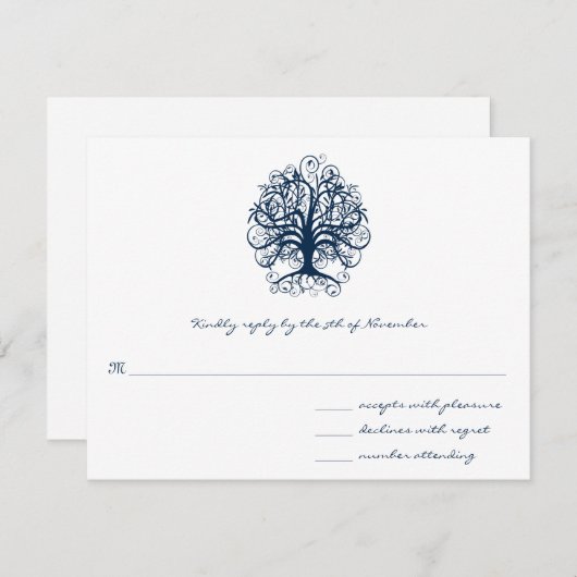 Midnight Blue Swirl Tree Wedding Response Kaart (Voorkant / Achterkant)