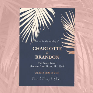 Midnight Blue tropische palmblad bruiloft goud Folie Uitnodiging