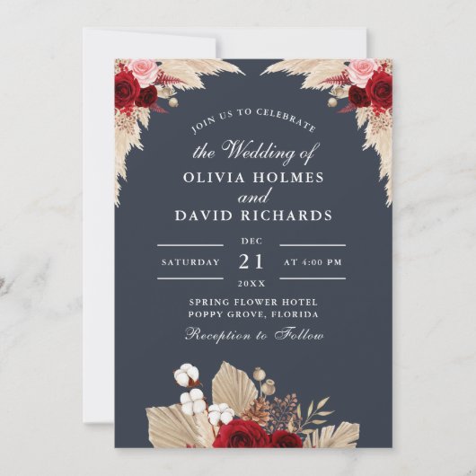 Midnight Blue Tropische Rozen bruiloft uitnodiging (Voorkant)