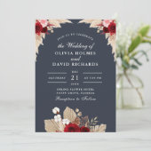 Midnight Blue Tropische Rozen bruiloft uitnodiging (Staand voorkant)