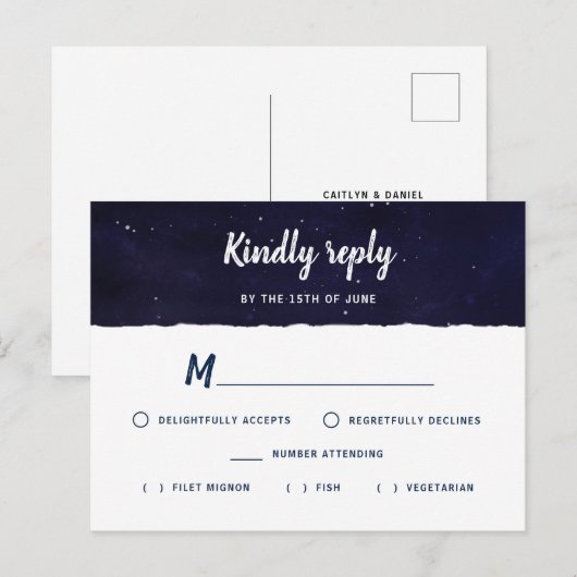 Midnight Blue Waterverf Galaxy Wedding RSVP Uitnodiging Briefkaart (Voorkant / Achterkant)