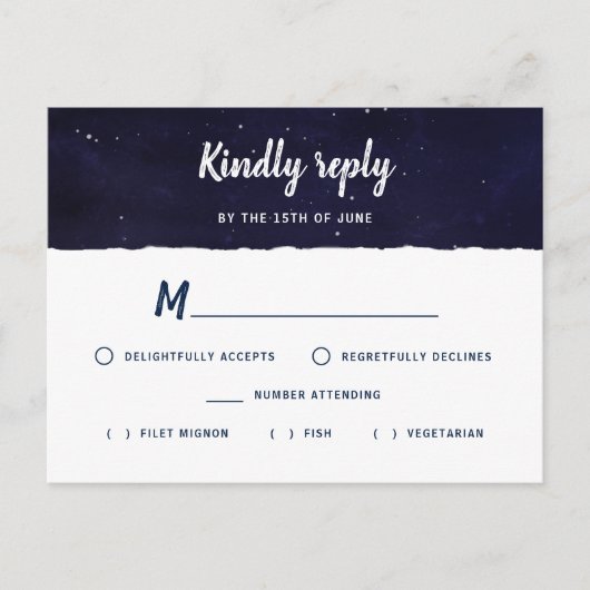 Midnight Blue Waterverf Galaxy Wedding RSVP Uitnodiging Briefkaart (Voorkant)