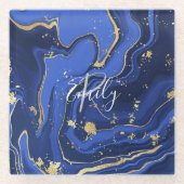 Midnight Blue White Agate Abstract Name Monogram Glazen Onderzetter (Voorkant)