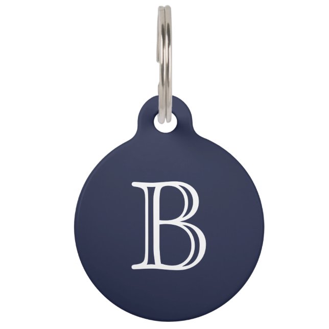 Midnight Blue White Monogram Initiaal Huisdierpenning (Voorkant)