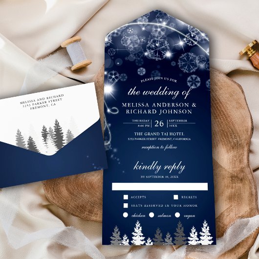 Midnight Blue Winter Wonderland Pine Trees Wedding All In One Uitnodiging