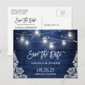 Midnight Blue Wood Mason Jar Light Save the Date Aankondigingskaart (Voorkant / Achterkant)
