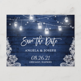 Midnight Blue Wood Mason Jar Light Save the Date Aankondigingskaart