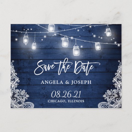 Midnight Blue Wood Mason Jar Light Save the Date Aankondigingskaart (Voorkant)
