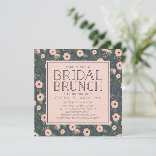 Midnight Blush Blooms Bridal Brunch Invitation Kaart