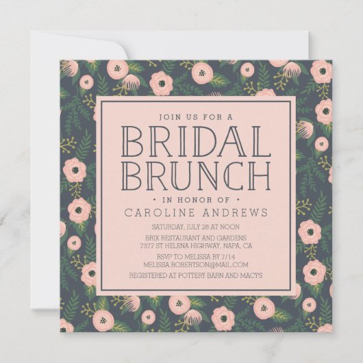 Midnight Blush Blooms Bridal Brunch Invitation Kaart (Voorkant)