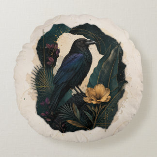 Midnight Botanical Raven Rond Kussen