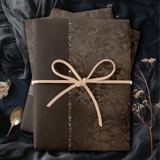 Midnight Bronze Romance | Satiny Grunge Damask Inpakpapier Vel