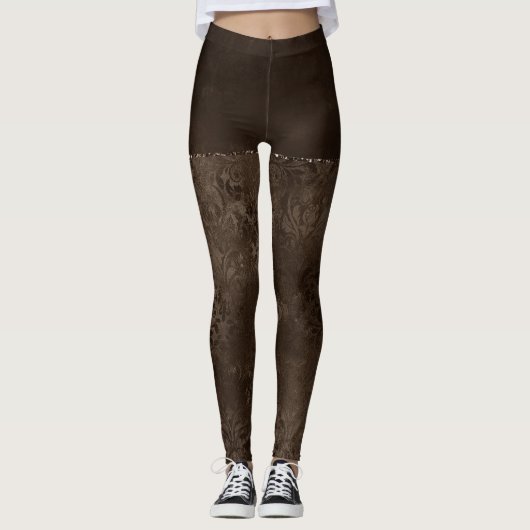 Midnight Bronze Romance | Satiny Grunge Damask Leggings (Voorkant)