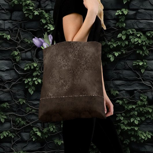 Midnight Bronze Romance | Satiny Grunge Damask Tote Bag