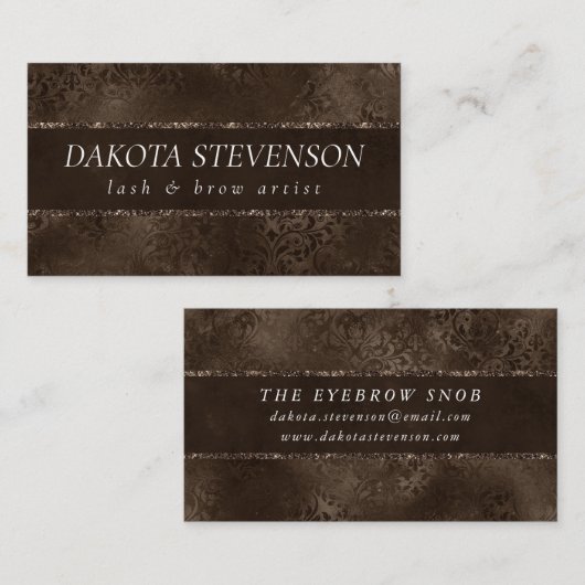 Midnight Bronze Romance | Satiny Grunge Damask Visitekaartje (Voorkant / Achterkant)