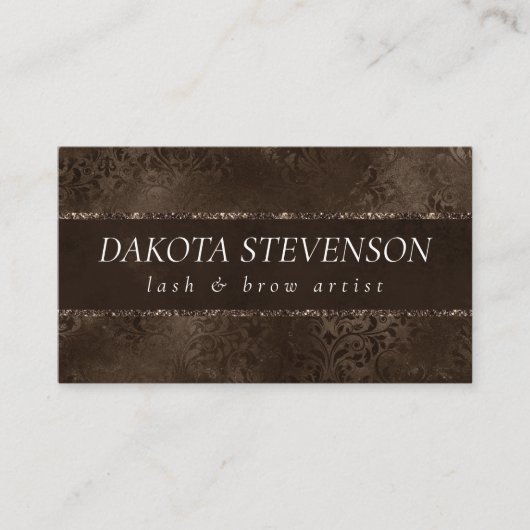Midnight Bronze Romance | Satiny Grunge Damask Visitekaartje (Voorkant)