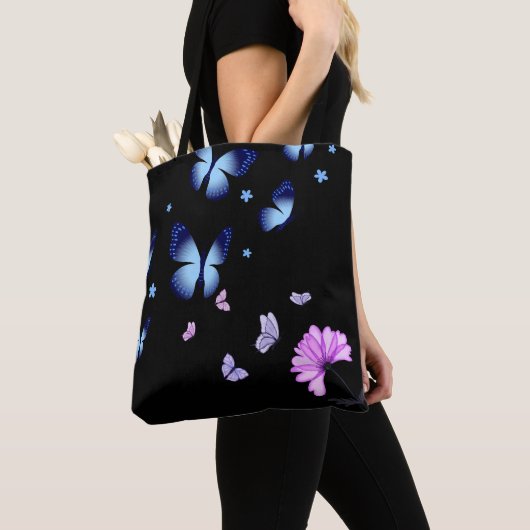 Midnight Butterfly Blue Floral Shoulder Tote Bag (Dichtbij)
