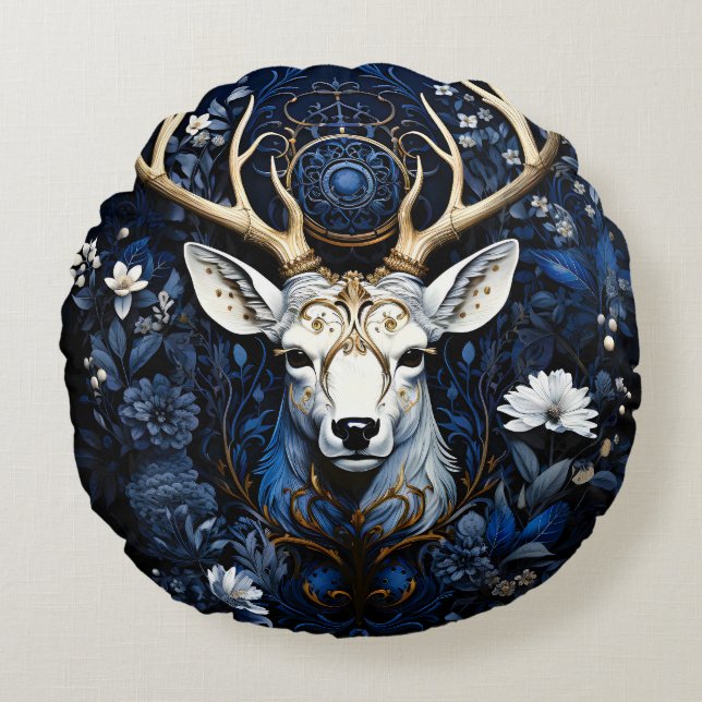 Midnight Celestial Floral Gothic Deer  Rond Kussen (Voorkant)