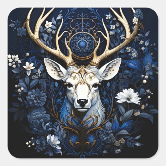 Midnight Celestial Floral Gothic Deer  Vierkante Sticker (Voorkant)