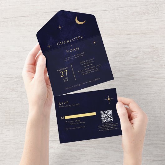 Midnight Celestial Gold Moon Stars Wedding QR-code All In One Uitnodiging (Afscheurbaar)