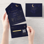 Midnight Celestial Gold Moon Stars Wedding QR-code All In One Uitnodiging